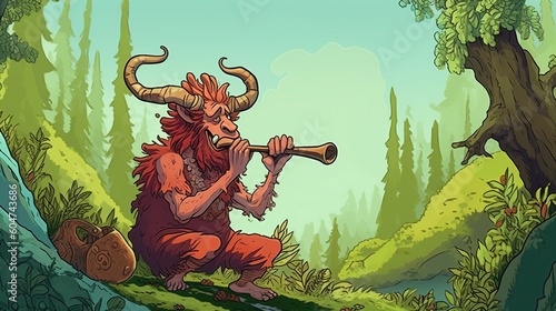 A cartoon satyr playing a flute in a clearing. Fantasy concept , Illustration painting. Generative AI