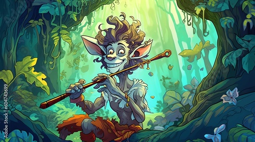 A cartoon satyr playing a flute in a clearing. Fantasy concept , Illustration painting. Generative AI photo