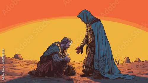 A cleric healing a wounded warrior on a battlefield. Fantasy concept , Illustration painting. Generative AI