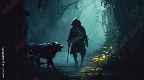 A cunning rogue and his loyal panther partner sneaking through a dark jungle. Fantasy concept , Illustration painting. Generative AI