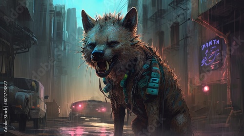 A cybernetic hyena laughing maniacally in an alley. Fantasy concept , Illustration painting. Generative AI