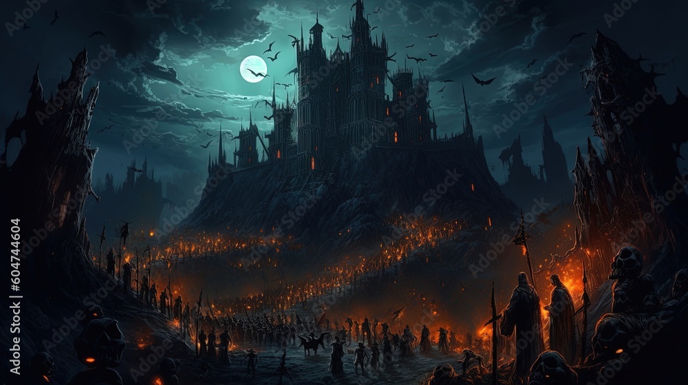 Obraz premium A dark-fantasy fortress with an army of undead soldiers. Fantasy concept , Illustration painting. Generative AI