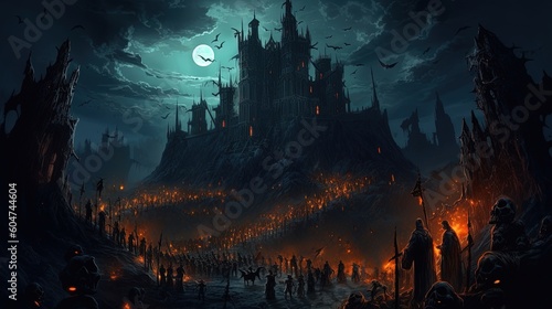 A dark-fantasy fortress with an army of undead soldiers. Fantasy concept , Illustration painting. Generative AI