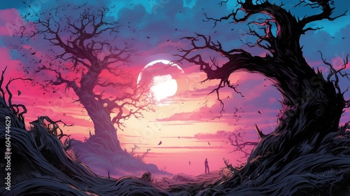 Wallpaper Mural A dark-fantasy landscape with towering, twisted trees and a full moon in the background. Fantasy concept , Illustration painting. Generative AI Torontodigital.ca