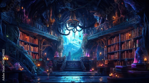 A dark-fantasy library with forbidden books and dark magic. Fantasy concept , Illustration painting. Generative AI © X-Poser