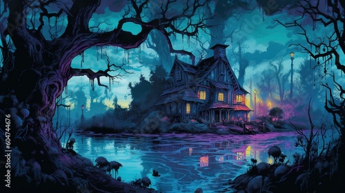 A dark-fantasy swamp with a haunted mansion and ghostly apparitions. Fantasy concept , Illustration painting. Generative AI