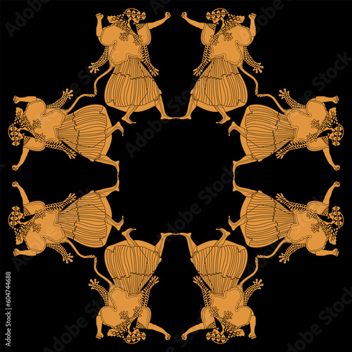 Geometrical ethnic frame with dancing ancient Greek men. God of wine Dionysus or Bacchus. Vase painting style. On black background.