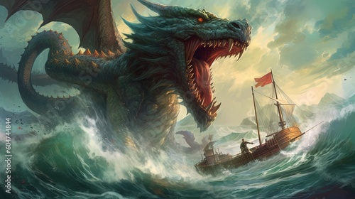 A giant dragon monster is attacking a ship in the ocean. Fantasy concept , Illustration painting. Generative AI