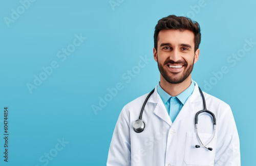 Trusted Medical Professional. Discover the expertise and dedication of a smiling doctor in uniform, against a soothing blue pastel light backdrop. Copy space. Health and wellness focus AI Generative