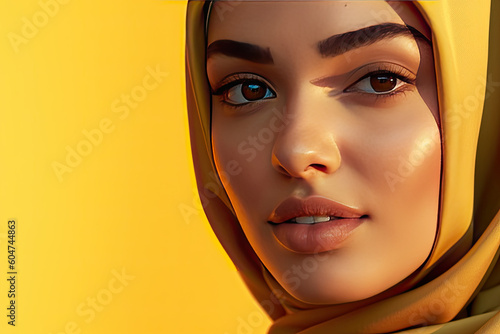 Beautiful middle eastern woman wearing yellow abaya Generative AI © PaulShlykov