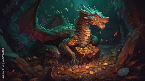 A dragon protecting its treasure hoard. Fantasy concept , Illustration painting. Generative AI © X-Poser