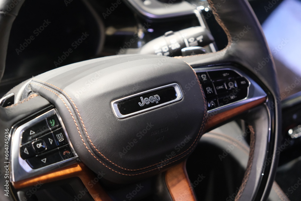 Shanghai,China-May 21st 2023: close up Jeep car brand logo on steering ...
