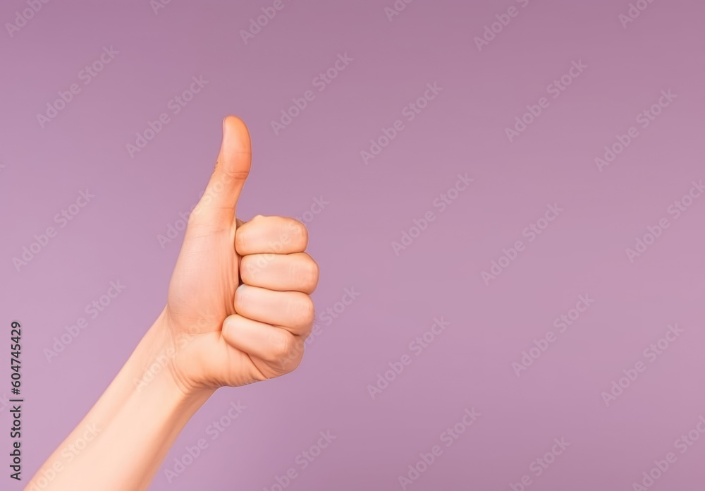 Positive Vibes. Discover the power of a hand making the thumbs-up / cool sign, conveying approval and confidence.Isolated on pastel background. Copy space. Positive expression AI Generative