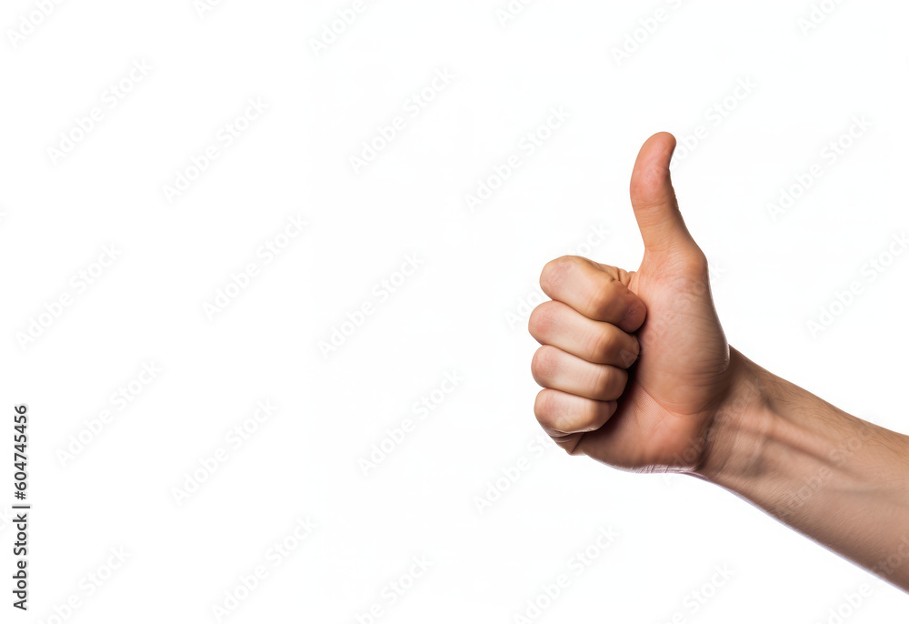 Positive Vibes. Discover the power of a hand making the thumbs-up / cool sign, conveying approval and confidence.Isolated on white background. Copy space. Positive expression AI Generative