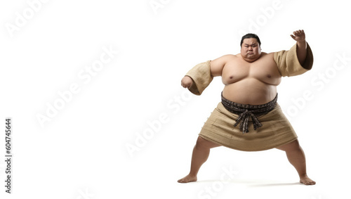 Powerful Sumo Artistry. Witness the grace and strength of a sumo fighter performing poses, isolated on a pristine white background. Copy space. Martial arts excellence AI Generative