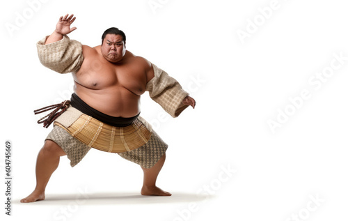 Powerful Sumo Artistry. Witness the grace and strength of a sumo fighter performing poses, isolated on a pristine white background. Copy space. Martial arts excellence AI Generative