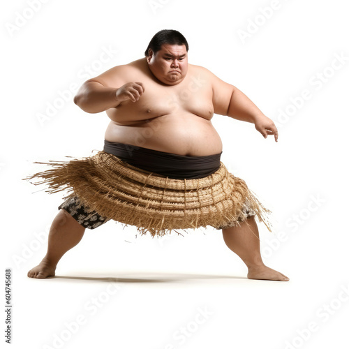 Powerful Sumo Artistry. Witness the grace and strength of a sumo fighter performing poses, isolated on a pristine white background. Copy space. Martial arts excellence AI Generative