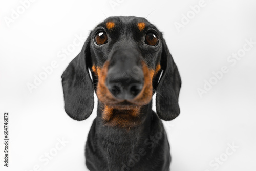 Cartoon distorted portrait of funny little dog with big nose, eyes looking curiously, begging for food. Annoying mischievous puppy filmed at wide angle, distorted face, muzzle. Joke distorting mirror © Masarik