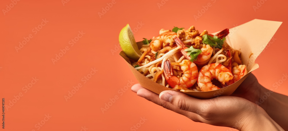 Authentic Thai Delight. Experience the vibrant flavors as a Thai street vendor holds a spicy Pad Thai noodle with shrimp, isolated on a pastel background. Copy space. Culinary journey AI Generative