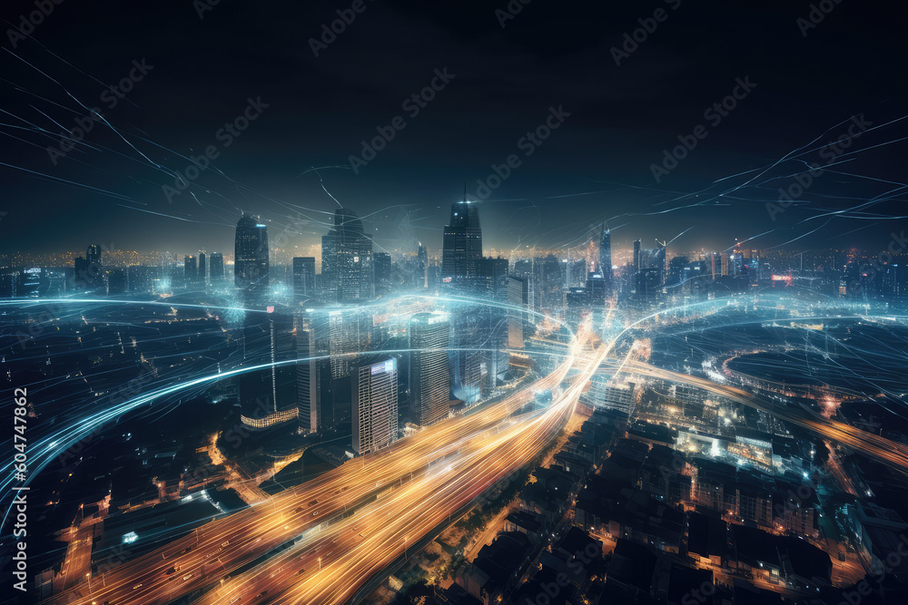 Smart digital city with high speed light trail of cars of digital data transfer, generative AI