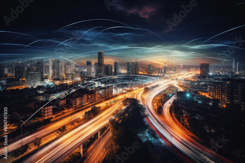 Smart digital city with high speed light trail of cars of digital data transfer, generative AI