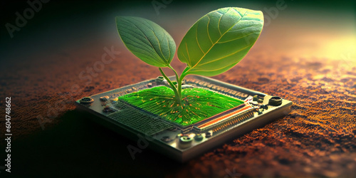 small plant sprout growing from electronic microprocessor, eco-friendly computer technology. Generative AI