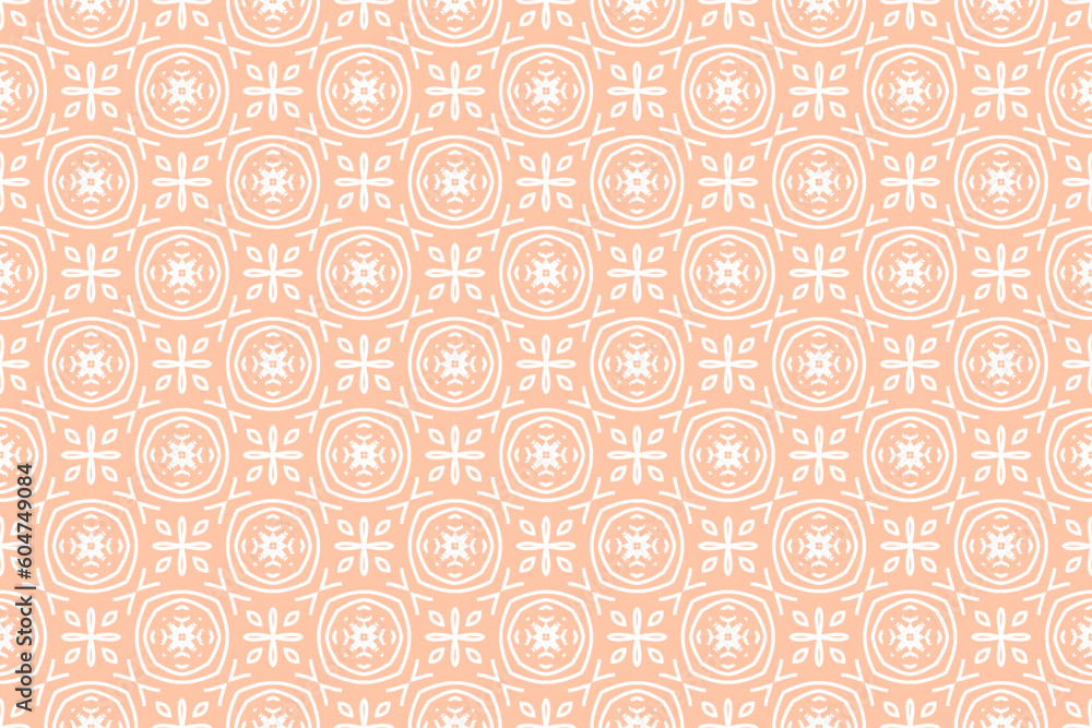 Orange and white geometric pattern, organic contours, interlocking archetypal symbols, delicate flowers. Orange and white geometric pattern, organic contours, interlocking archetypal symbols, delicate flowers.