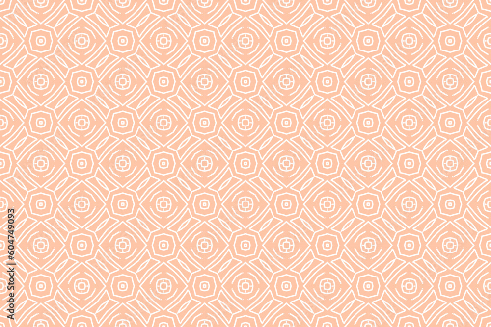Orange and white geometric pattern, organic contours, interlocking archetypal symbols, delicate flowers.