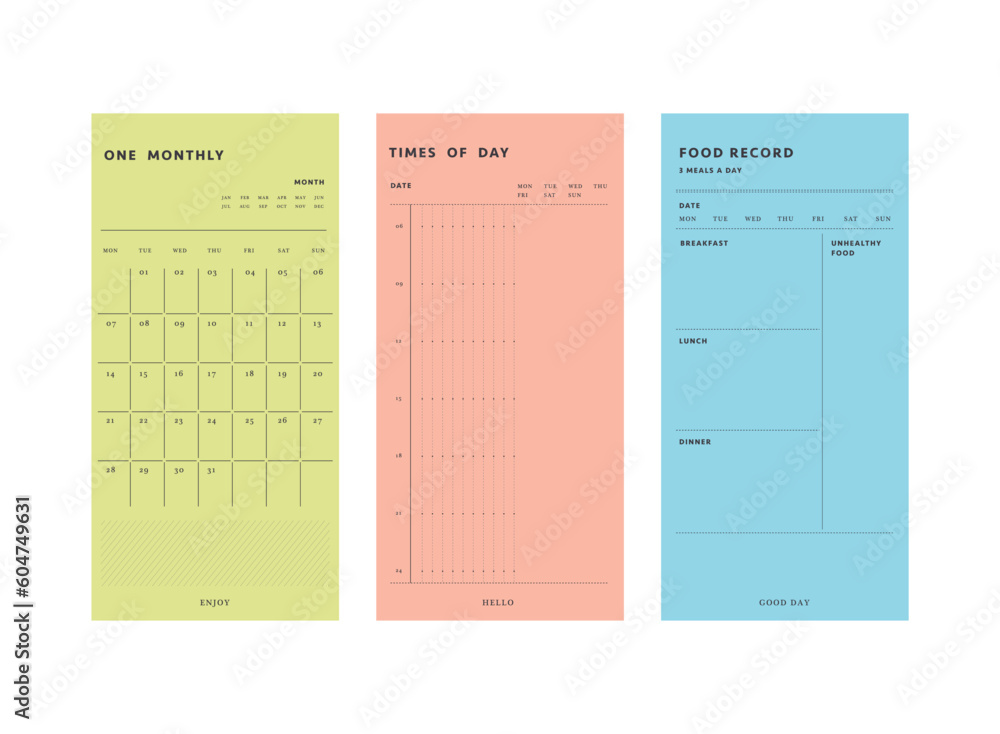 3 set of Daily, Weekly, Monthly Planner template. Make your day more easily and happy. Vector Print template. 3 set of Daily, Weekly, Monthly Planner template. Make your day more easily and happy. Vector Print template.