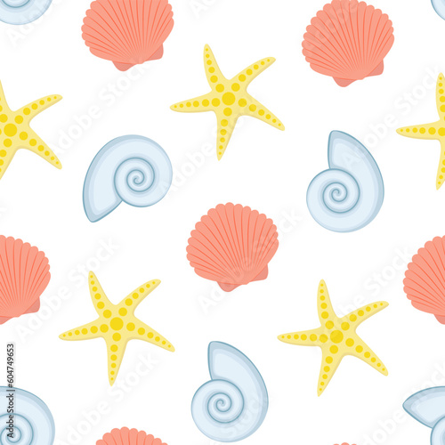 Vector seamless pattern. Seashells and a starfish in the cartoon style. Summer, beach.