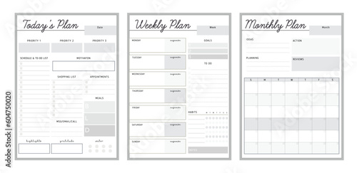 (Black) 3 set of Daily, Weekly Monthly Planner template. Minimalist planner template set. Vector illustration.	