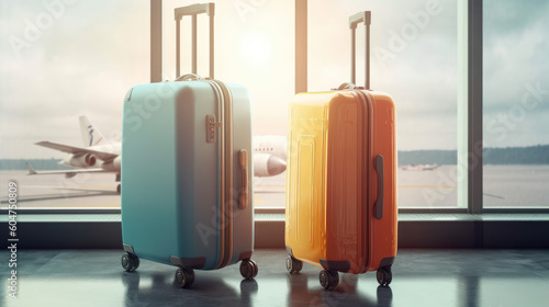 Suitcases for travel in the airport waiting room, the concept of summer holidays and travel, a traveler's suitcase in the waiting area of the airport terminal, emphasis on suitcases.. Generative AI