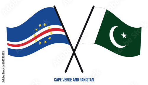 Cape Verde and Pakistan Flags Crossed And Waving Flat Style. Official Proportion. Correct Colors.