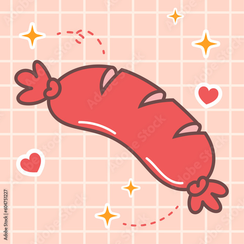 Cute funny sausage. Vector hand drawn cartoon kawaii character illustration logo icon. Cute Japan anime, manga style sausage cartoon kawaii concept