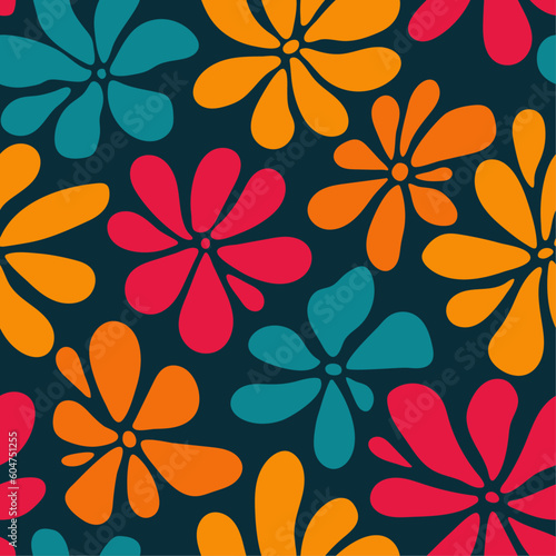 Eclectic floral seamless vector pattern. Modern, contemporary abstract flowers on a dark blue backdrop. Cool funky design with teal, pink, orange and yellow colors.
