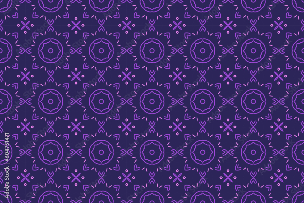 Modern simple geometric vector seamless pattern with flowers, line texture on purple background. Abstract floral wallpaper, tile ornament.