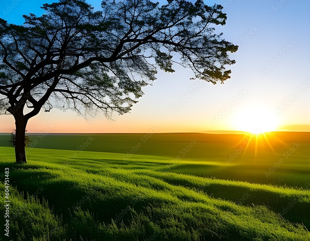Generative AI of sunrise, tree, and green grass field