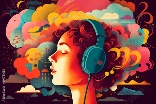 girl with headphones in a colorful vivid background. An illustration of auditory hallucinations. Mental health concept 