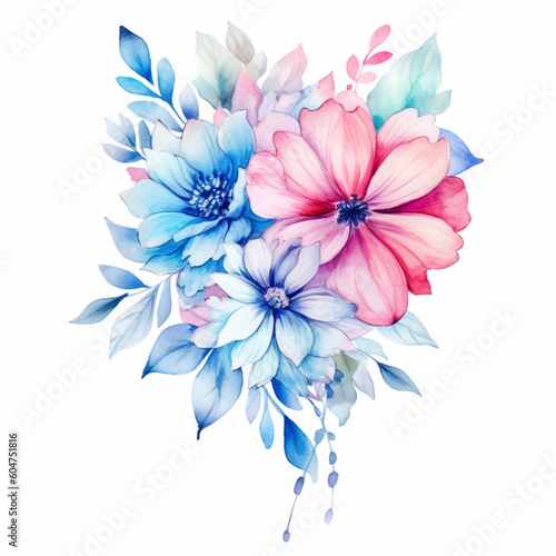 Watercolor Flower Bouquet Pink Blue Turquoise © JoAngel