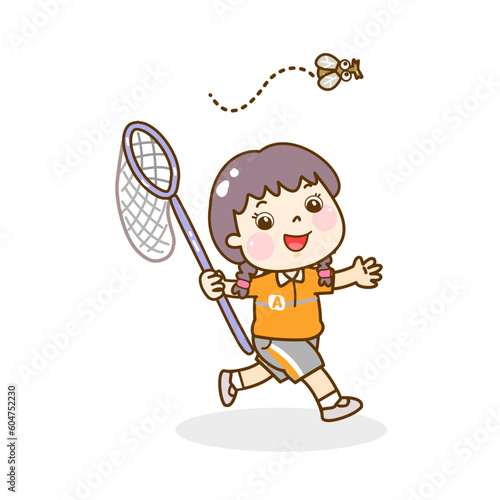 Cartoon  kids catching butterfly vector.
