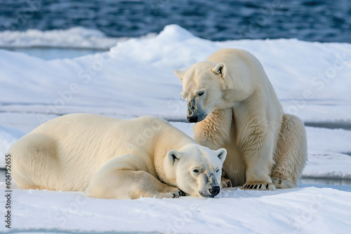 Two Polar bears relaxed on drifting ice with snow, white animals in their natural habitat.