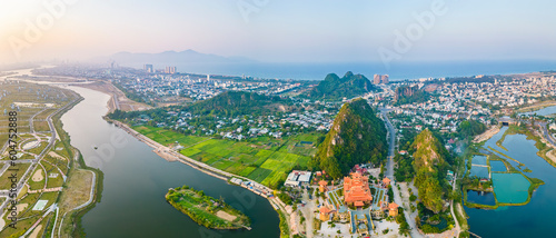 Aerial view of Da Nang Marble mountains which is a very famous destination.