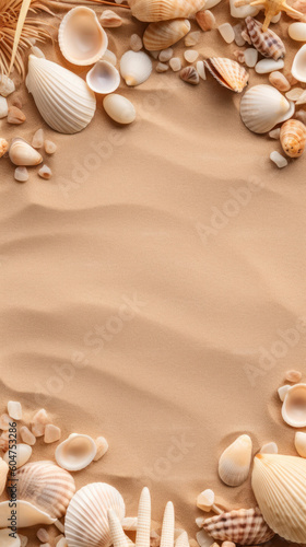 Arial view of a sandy beach with shells at the bottom and the top. Flat top summer concept background with lots of negative space for copy space. © Mirador