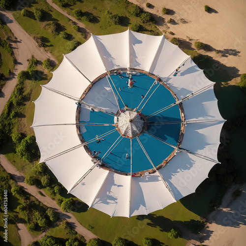 Generative AI  Aerial photography of many leisure parasols by the sea