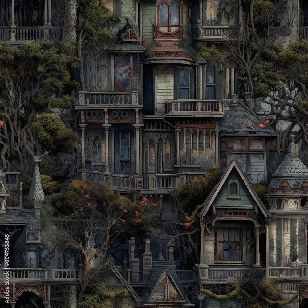 Explore our eerie collection of haunted house patterns, artfully stacked to create a captivatingly spooky landscape. Ideal for Halloween designs, horror themes, and mysterious projects