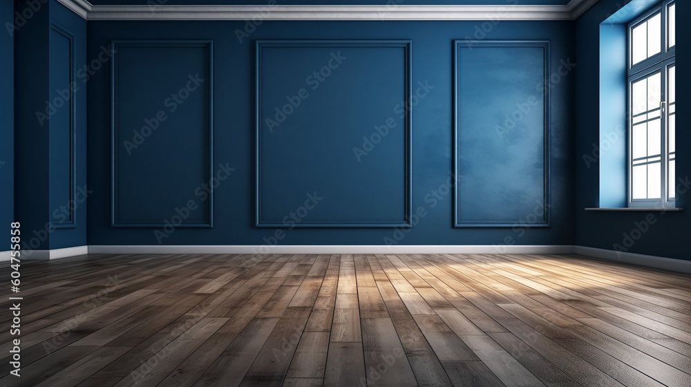 Dark blue wall in an empty room with a wooden floor. Generative AI Dark blue wall in an empty room with a wooden floor. Generative AI