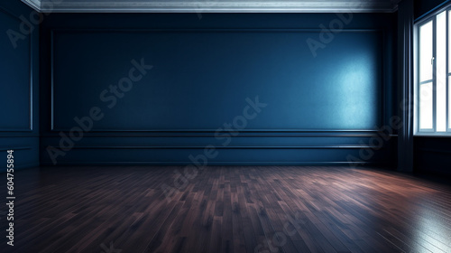Dark blue wall in an empty room with a wooden floor.  © Aura