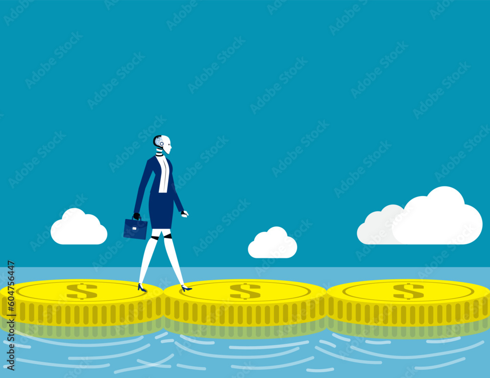 Obraz premium Robot walking on money. Artificial intelligence financial concept