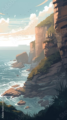 027. coastal cliffs graphic poster design wallpaper. Generative AI