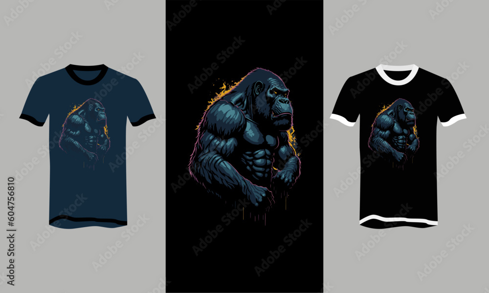 black gorilla with splash t-shirt vector flat design - obrazy, fototapety, plakaty 